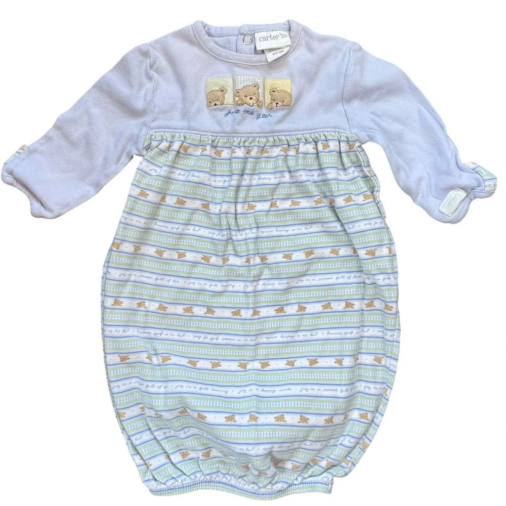 Vintage Carter's Sleep gown Baby Just One Year Teddy Bear Blue Striped  newborn
